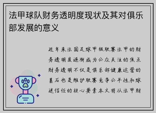 法甲球队财务透明度现状及其对俱乐部发展的意义