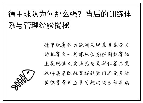 德甲球队为何那么强？背后的训练体系与管理经验揭秘